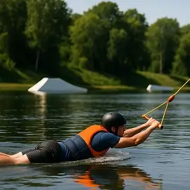 Лебёдка тянет мужчину по водной глади