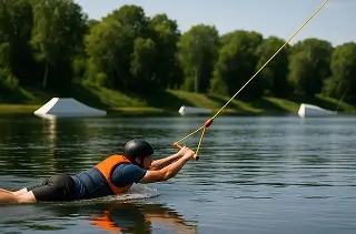 Райдер на животе тянется по воде.